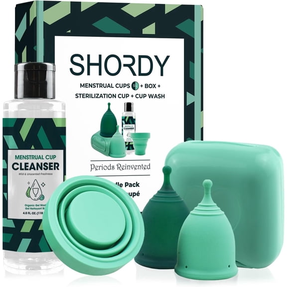 SHORDY Menstrual Cup Beginners Kit, PH Balanced Gel Cleaner Wash, Collapsible Sterilizer Cup and Silicone Period Cups (Small & Large)