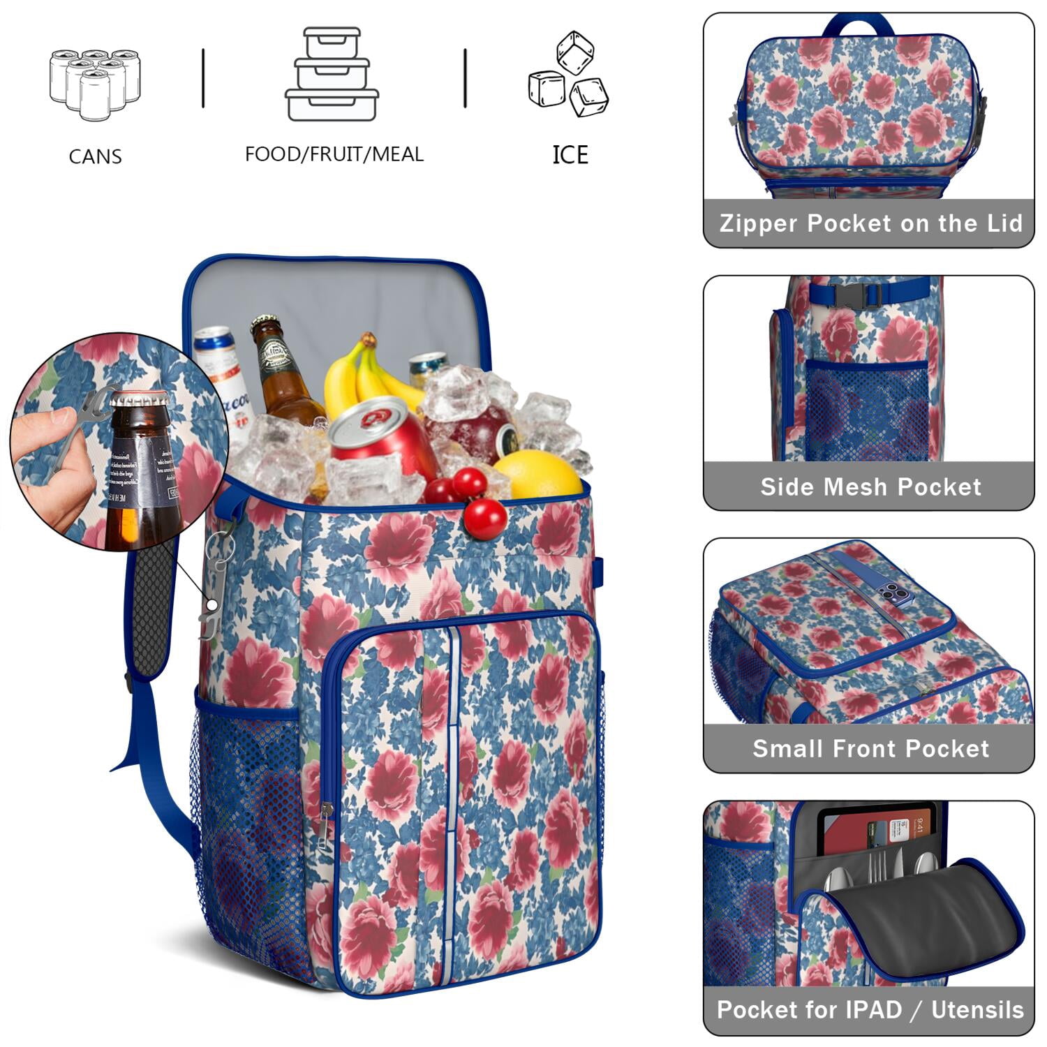 Travel Cooler Bag - Pioneer Flower Floral Print Pattern Camping Beer Cooler Backpack with Bottle Opener- Waterproof Insulated Picnic Backpacks - Cooler Bag for Beach