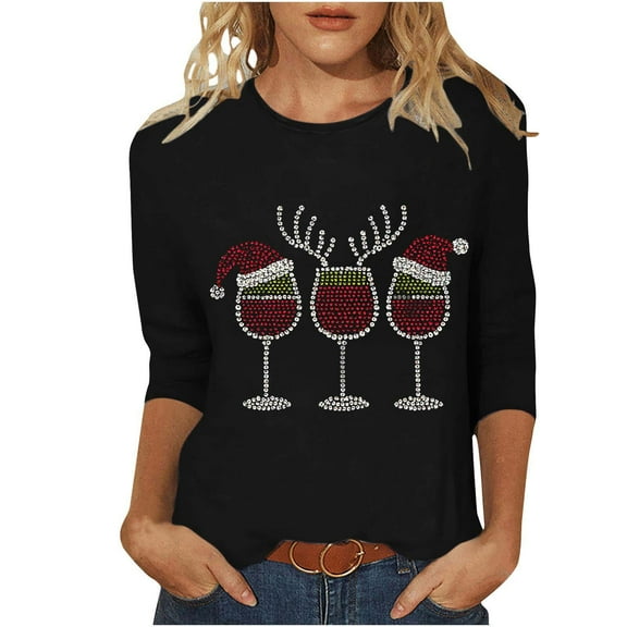 MaFYtyTPR Women's 3/4 Sleeve Tops Christmas Rhinestone Goblet Round Neck Three-quarter Sleeve Loose Casual Blouse for Women Black L