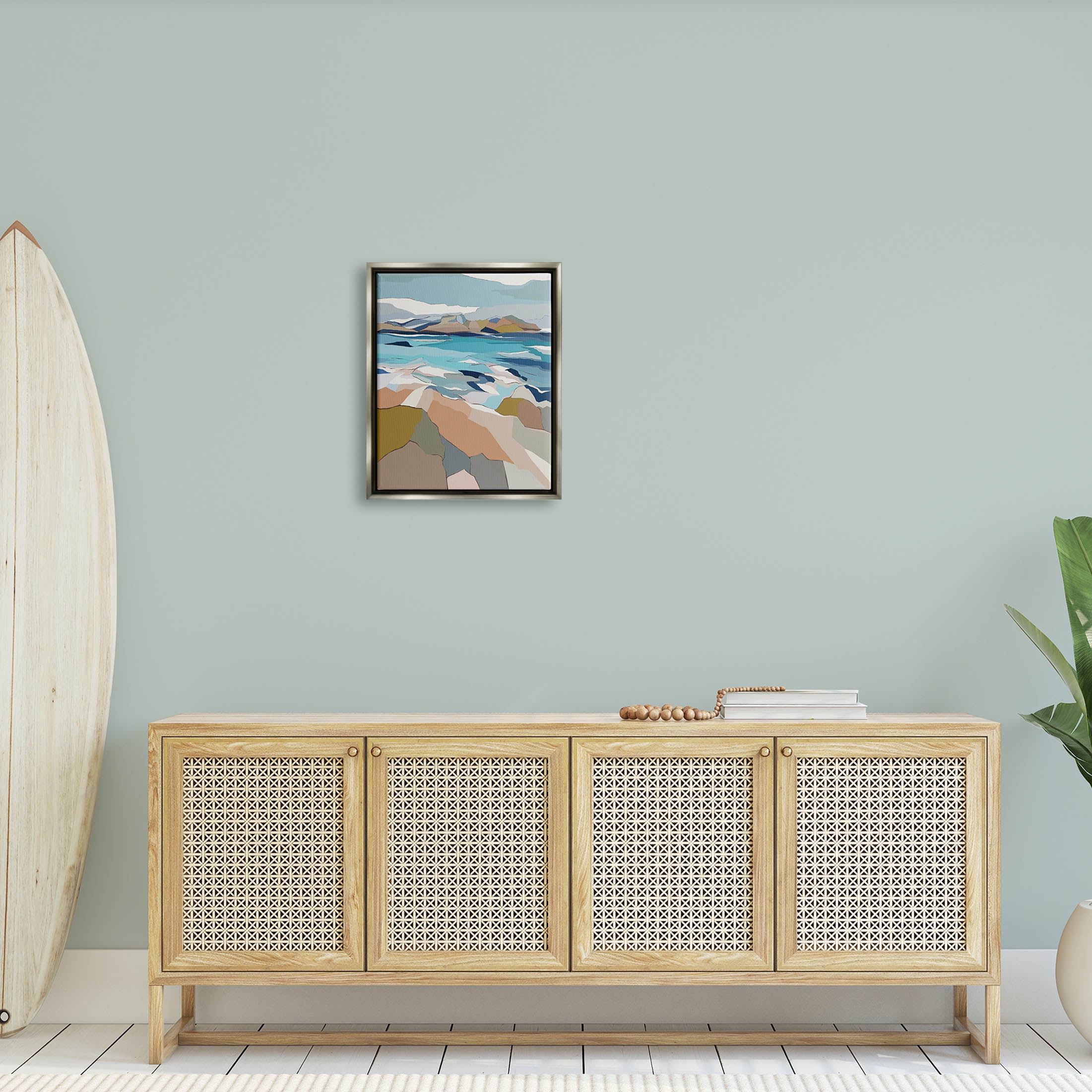 Stupell Industries Rocky Ocean Shore Beach Landscape Graphic Art Luster Gray Floating Framed Canvas Print Wall Art, Design by Nikita Jariwala