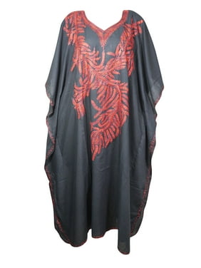 Mogul Women Black Kaftan Maxi Dress Boho Loose Floral Red Embroidery Kimono Sleeves Resort Wear Cover Up Housedress 4XL