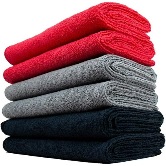 The Rag Company - Car Wash Towel - Professional Microfiber Drying Towels, Lint-Free - 16 x 27 in, 320gsm, Red/Grey/Black, 6-Pack