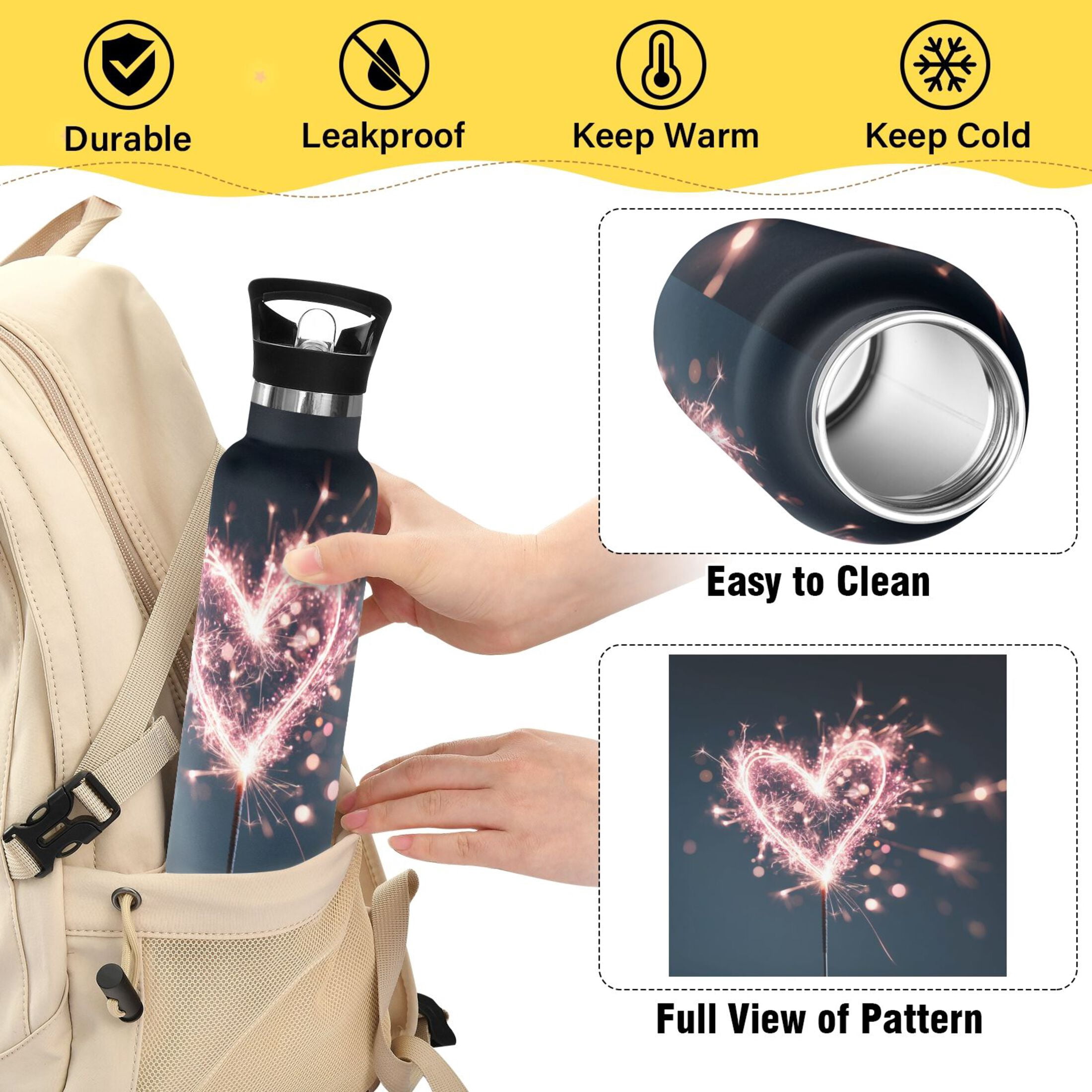 Kids Insulated Stainless Steel Sports Water Bottle 600ml Pink Heart-shaped Sparkler
