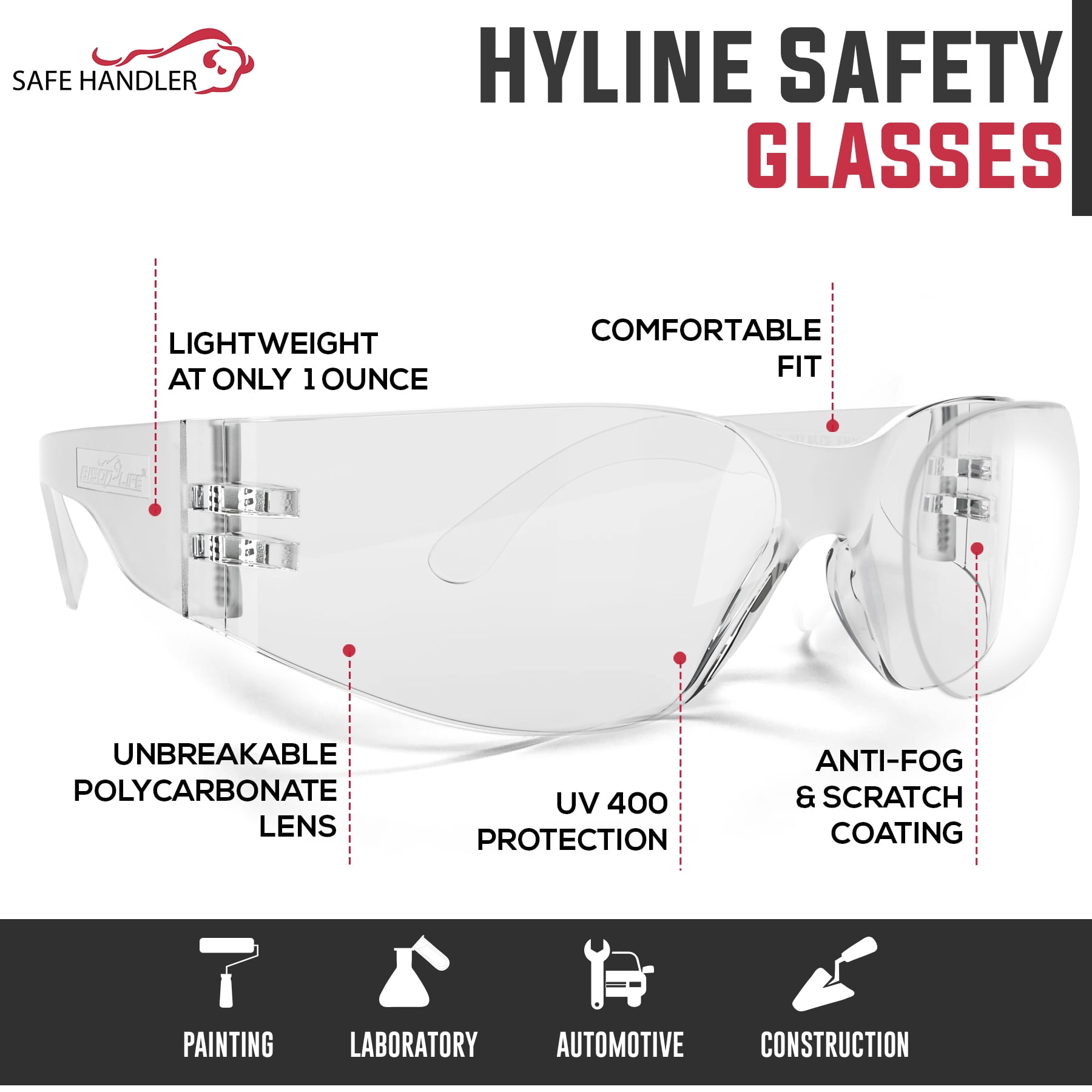 Safe Handler Hyline Safety Glasses, Anti Fog & Scratch For Men/Women (12-Pairs)