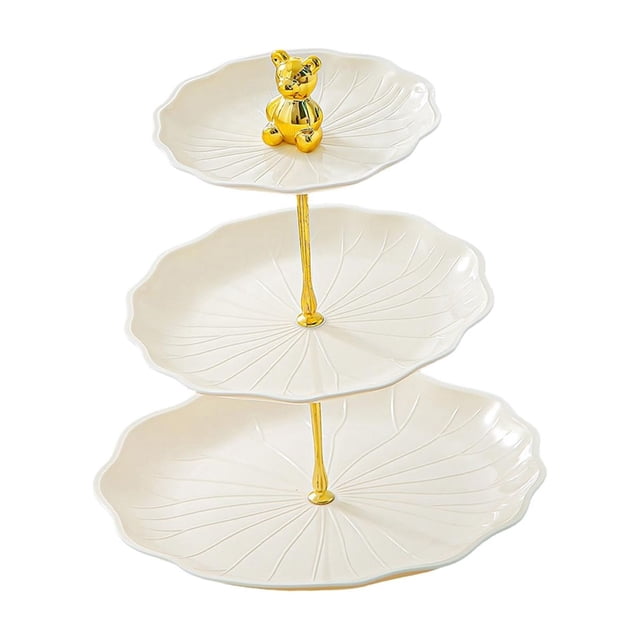 Un soporte para cupcakes de tres niveles con forma de flor de loto. Perfecto para fiestas y restaurantes. Beige con oso dorado