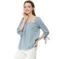 thumbnail image 3 of Allegra K Women's Tie Cuffs 3/4 Sleeves Square Neck Floral Leisure Blouse, 3 of 7