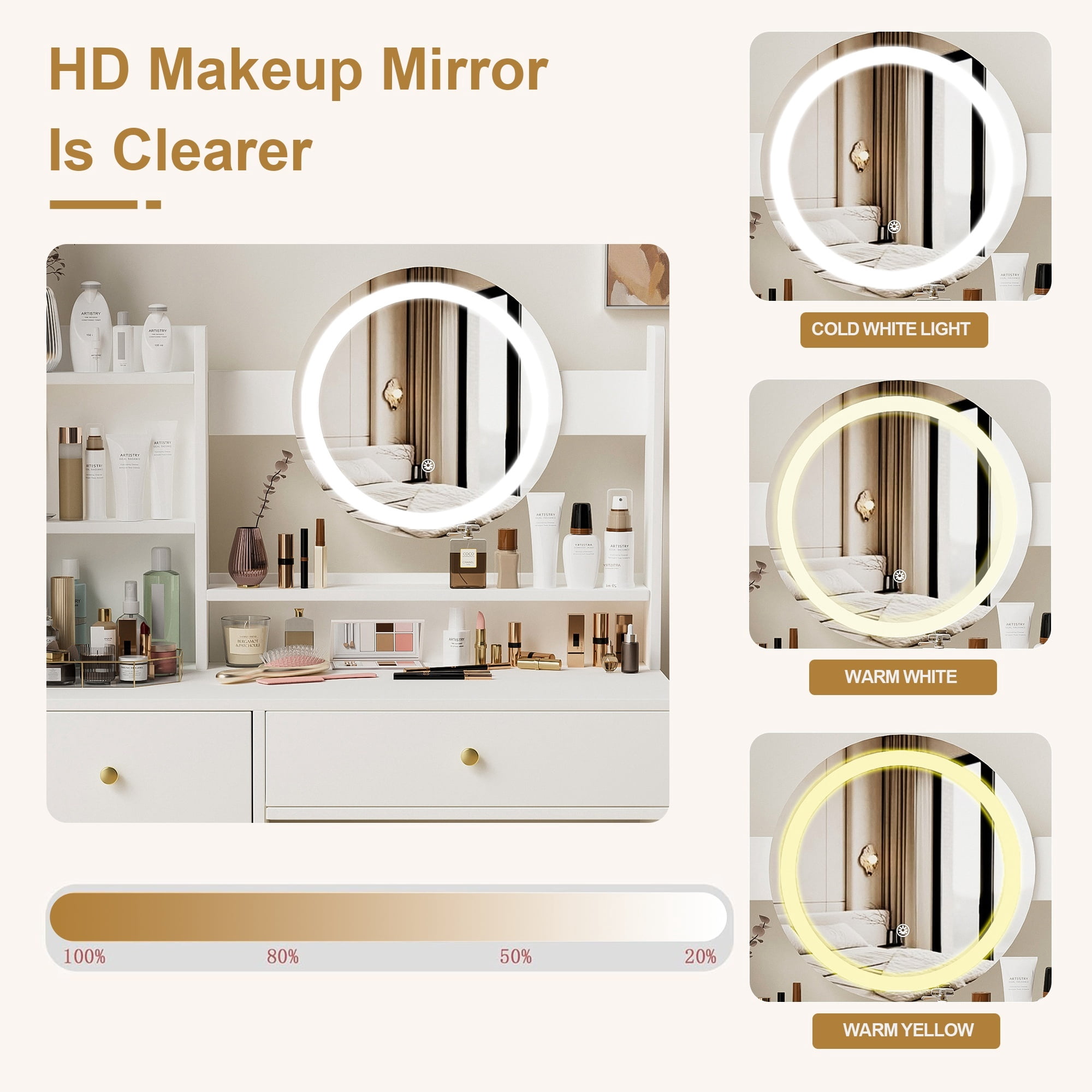 Alvantor Makeup Vanity Desk with Mirror and Lights, Adjustable Brightness Dressing Table with Cushioned Chair, White