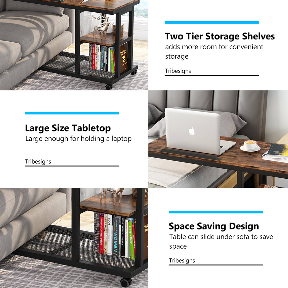 Fnova Mobile Side Table with Wheels, Snack Tray, Height-Adjustable C-Shape Desk, Tiltable Drawing Board, Laptop Stand, Storage Shelves for Living Room, Bedside Table for Couch