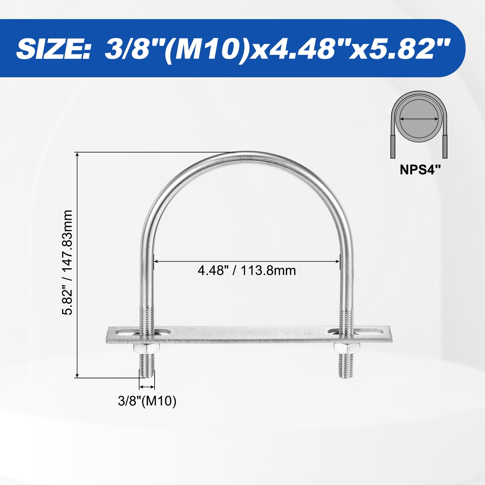 U Bolts 2 Sets (3/8"(M10)x4.48"x5.82"), Round U Bolt Kits 304 Stainless Steel with Accessories - for Construction, Pipe, Trailer, Automotive, Leaf Spring Fastener