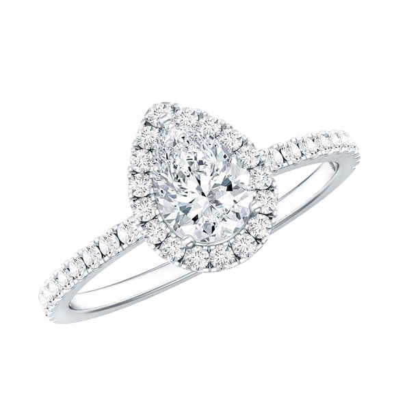 Rosec Jewels Certified Moissanite Teardrop Engagement Ring with Halo - 5x7 mm - D-VS1 Grade, 925 Sterling Silver, US 8.50