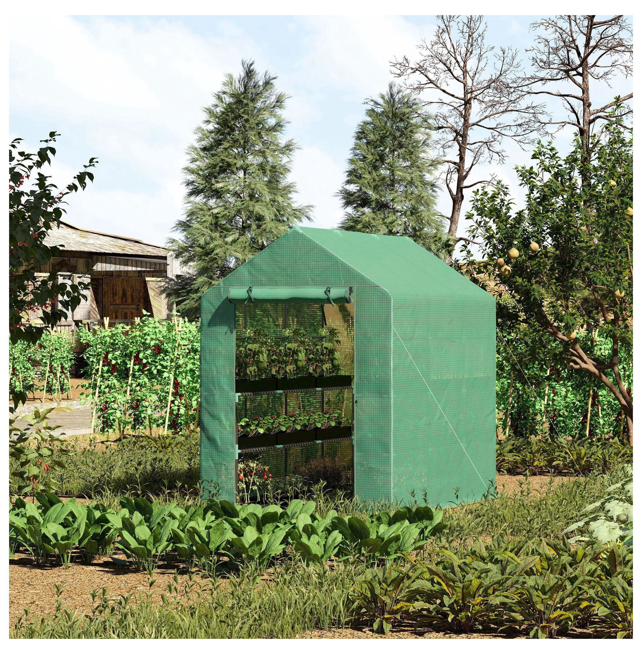 Walk-In Greenhouse 7x5x6 ft - Portable Plant Grow House with Shelves - Green PE Cover Steel Frame - Vegetable Herb Flower Garden Hothouse