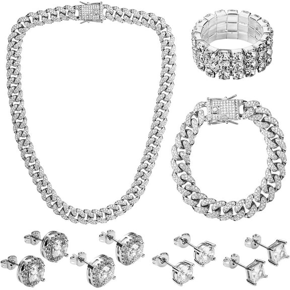 Lsupdaol 7 Pcs Cuban Link Chain Jewelry Set with Silver Rhinestone Necklace Bracelet Bling Stud Earrings Stretch Ring for Women Men