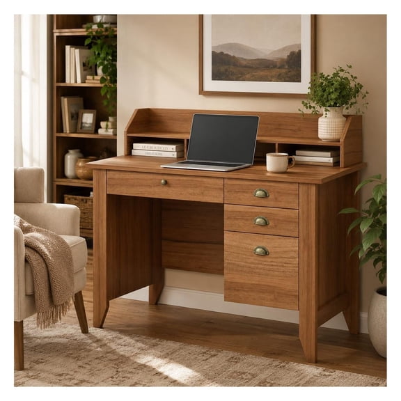 Small Desk with Drawers, 47'' Computer Desk with Monitor Stand & File Drawer, Walnut Writing Desk for Bedroom, Living Room, Home Office