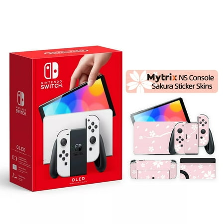 Nintendo Switch OLED Model White with Full Body Skin Sticker for NS OLED Console, Dock and Joycons - Sakura Pink
