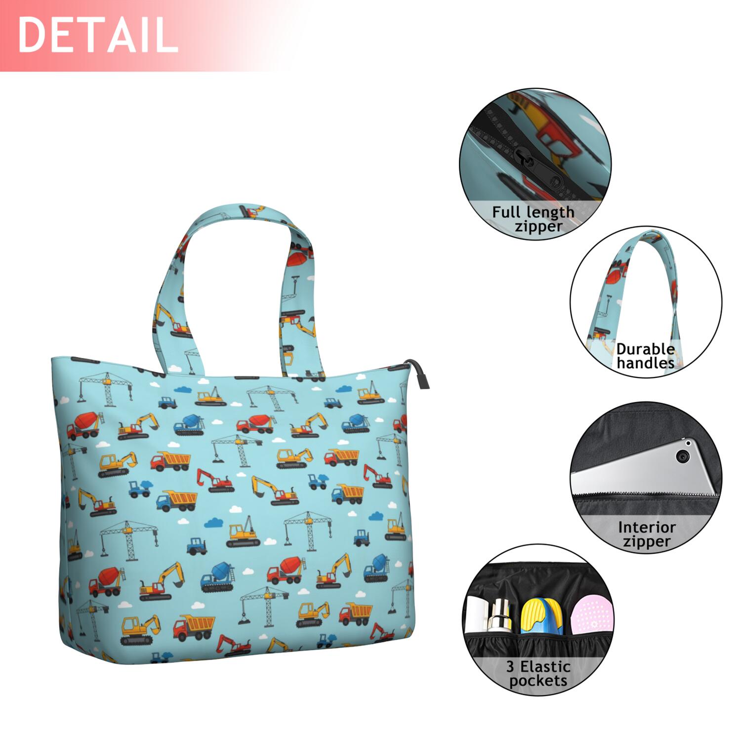 Cartoon Construction Vehicles Cranes Blue Pattern Travel Tote Bags for Women Carry On,Large Weekender Bags for Women Travel,Multi Functional Duffle Bag for Work,Shopping,Sports