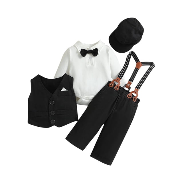Odeerbi 0-2 Años Niños Caballero Traje Formal Cumpleaños Primer Año Trajes Conjunto Mono Pantalón Chaleco Sombrero Lazo Conjunto de Cinco Piezas