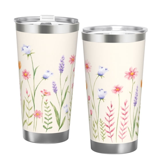 20oz Watercolor Wildflower Meadow Floral Spring Botanical Insulated Tumbler with Handle and Straw Travel Cup Car Cup with Double Silver Rim