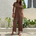 thumbnail image 2 of SELONE Jumpsuits for Women Casual Short Summer Long Pant Ladies Travel Comfortable 2023 Vacation Flowy Rompers Womens Jumpers and Rompers Casual Solid Color Short Sleeve V Neck Coffee M, 2 of 8