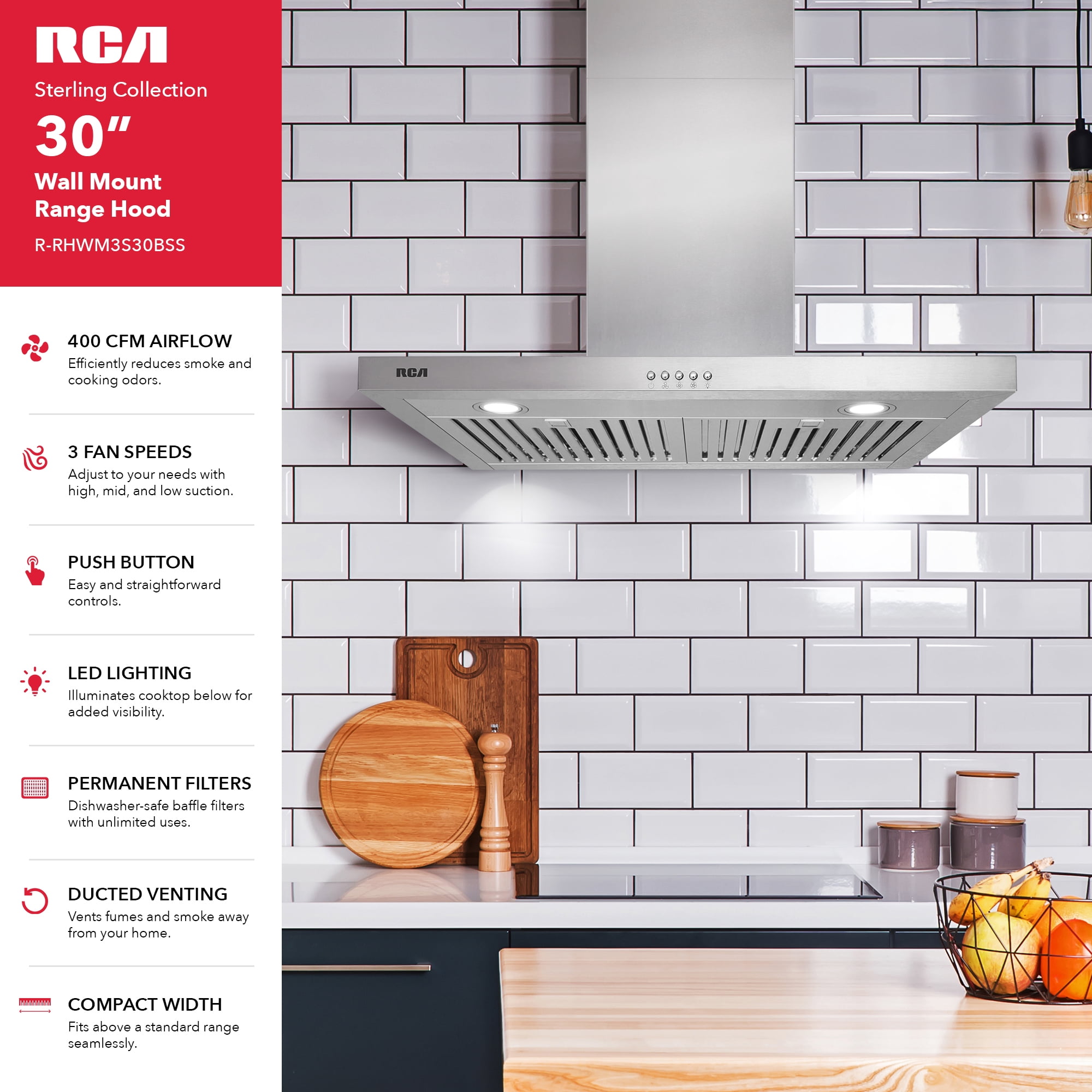 RCA 30 in. Sterling Collection 400 CFM Ducted T-Shape Wall Mount Range Hood, Push Buttons, LEDs, Stainless Steel