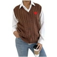 thumbnail image 2 of NTACZA Sweaters for Women V Neck Sleeveless Brown Cable Knit Sweater Cardigan Heart Print Button Sweater Vest Women, 2 of 9