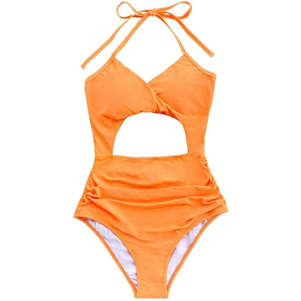 Women s Neon Orange Twist Cutout Halter One Piece Swimsuit