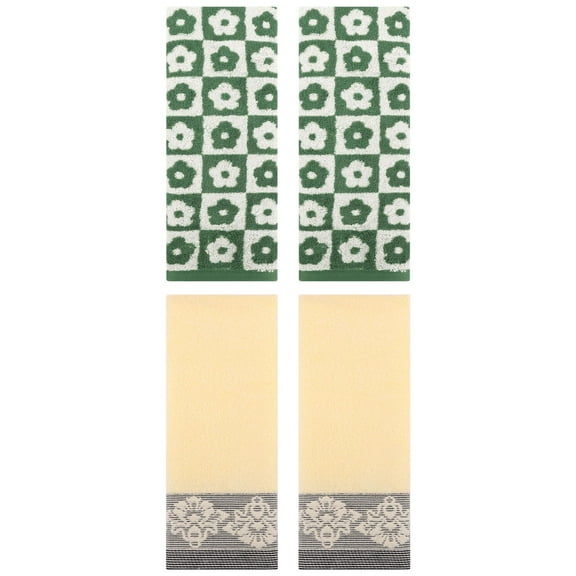 Unique Bargains 4 Pcs Floral Absorbent Hand Towels Green/Yellow 14" x 30"/13" x 29"