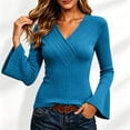 thumbnail image 7 of CQONEPT Womens Ribbed Knit Bell Sleeve Tops Plain Slim Fit V Neck Blouses Dressy Casual Going Out Shirt Tees Daily Wear Work Office Fall Outfits M, 7 of 7