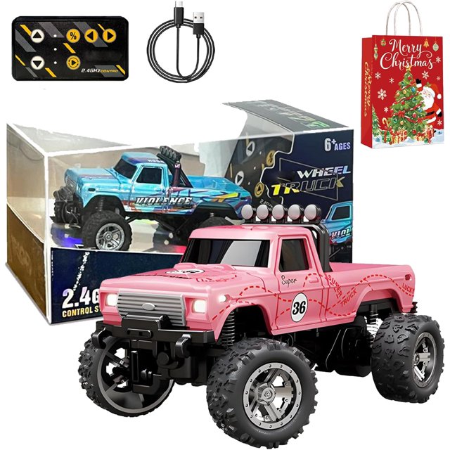 Mini Camion Tout-Terrain avec Lumières, 1:64 Mini Camion Monstre Rc, Télécommande 2.4ghz, 3 Vitesses Réglables, Camions Rc en Alliage Rechargeables USB, Idées Cadeaux de Noël Anniversaire Cool (Rose-A)