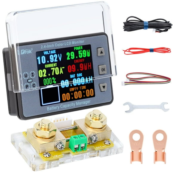 DROK Multimètre Numérique, Moniteur de Batterie DC 8-100V 100A 12V 24V 36V 48V 60V Volt Amp Watt Mètre, Grand Écran Couleur LCD Affichage Capacité Temps Puissance Vol