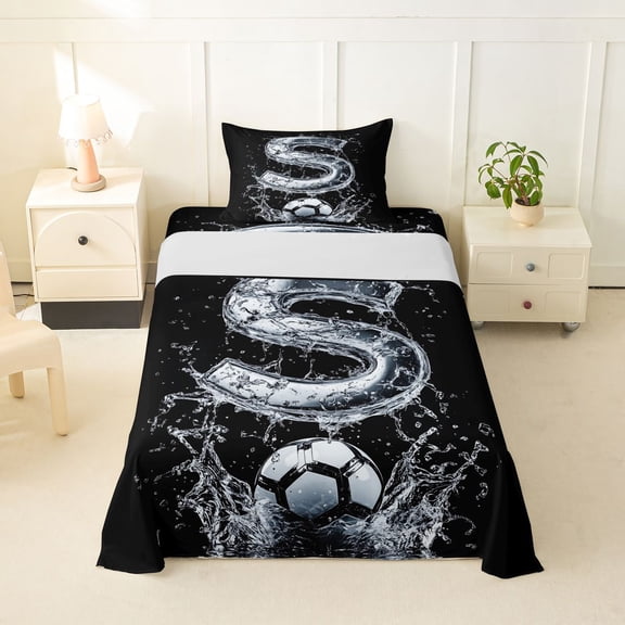 Castle Fairy Ice Letter S Soccer Watercolor Art Twin Sheet Sets 3pcs for Boys,Splash Graphic Bedding for Soccer Lovers