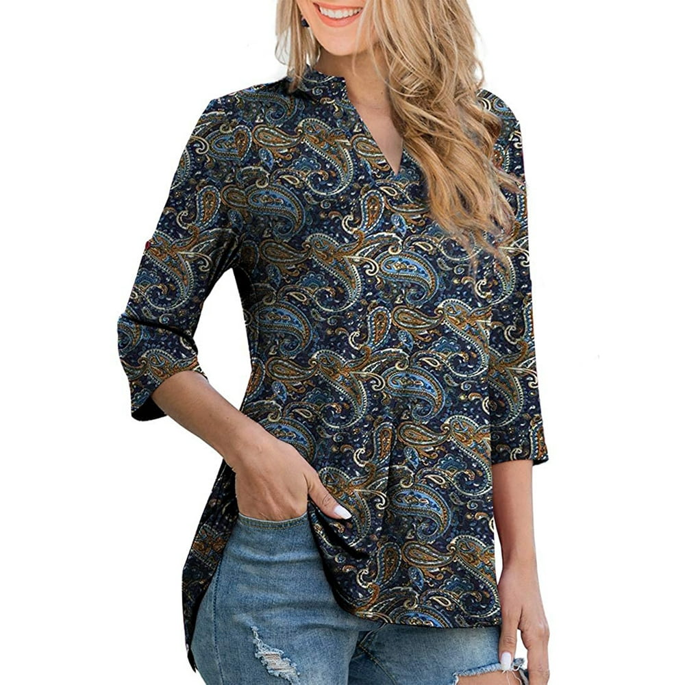 Chama - Women's Plus Size 3/4 Roll Sleeves Tunic Tops Paisley Floral ...