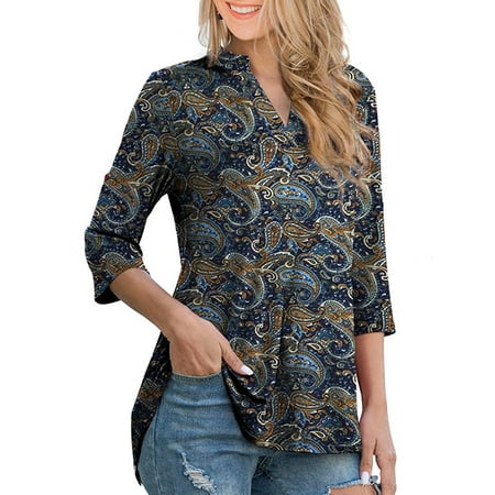 Zenbriele - Womens Plus Size 3/4 Roll Sleeve Floral Tunic Shirt Casual ...
