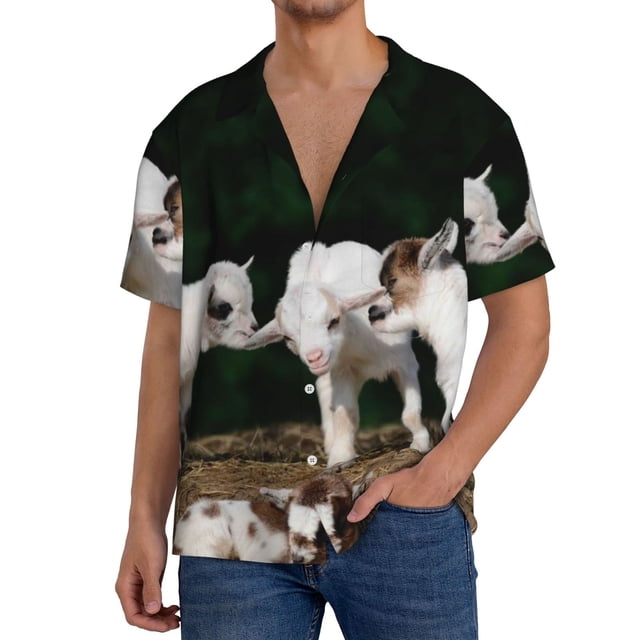 Fotbe Cute Goat Baby Camisa Estampada de Manga Corta para Hombre, Casual de Verano, Estilo Playero, Sin Arrugas-Medium