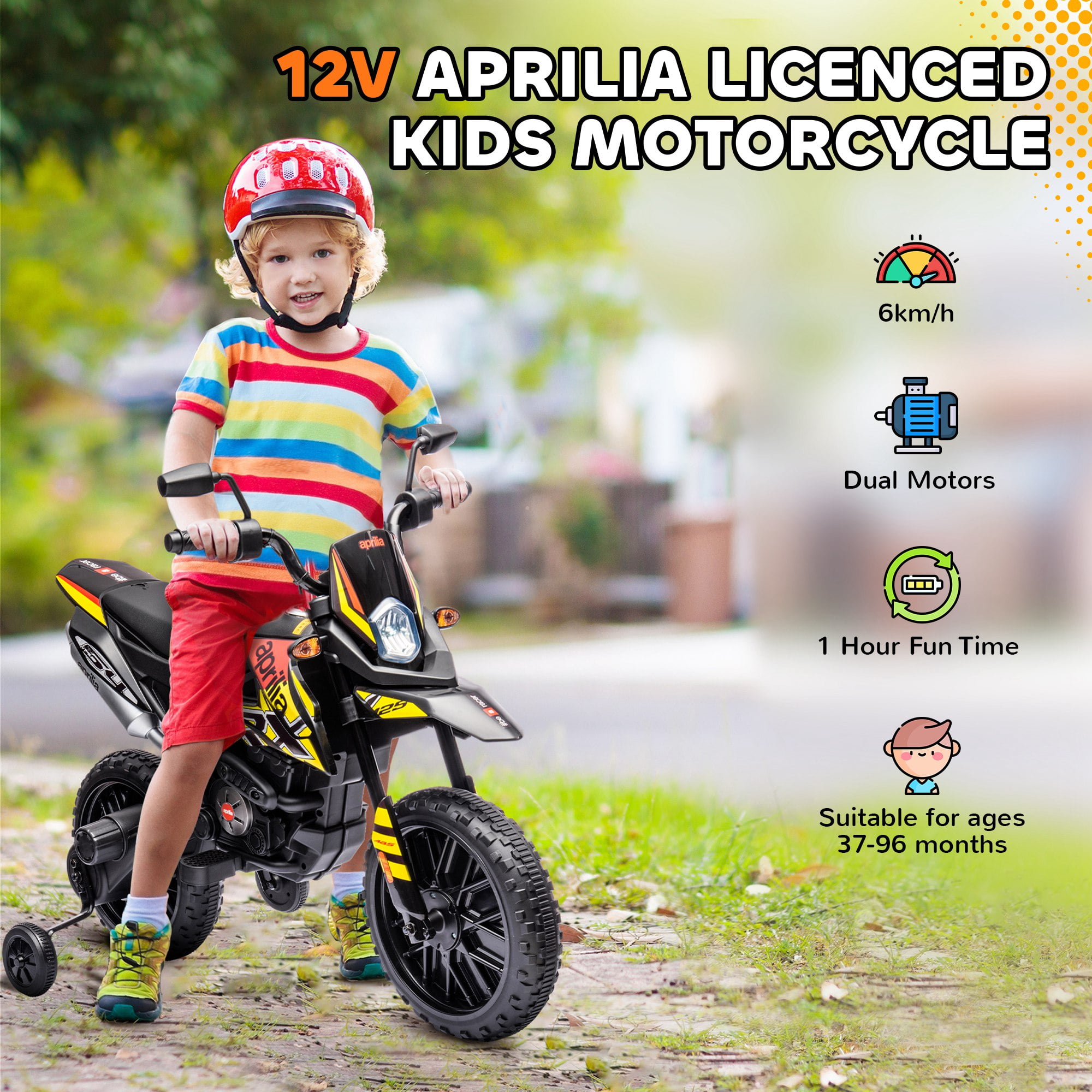 Riding Toys Qaba 12V Motorcycle, Aprilia Licenced Electric Motorcycle for with Training Wheels, Spring Suspension, LED Light, USB, Music, Battery Powered Electric Dirt Bike for Gi