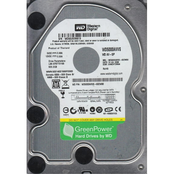 WD5000AVVS-63ZWB0, DCM EHNCHT2MAN, Western Digital 500GB SATA 3.5 Hard Drive