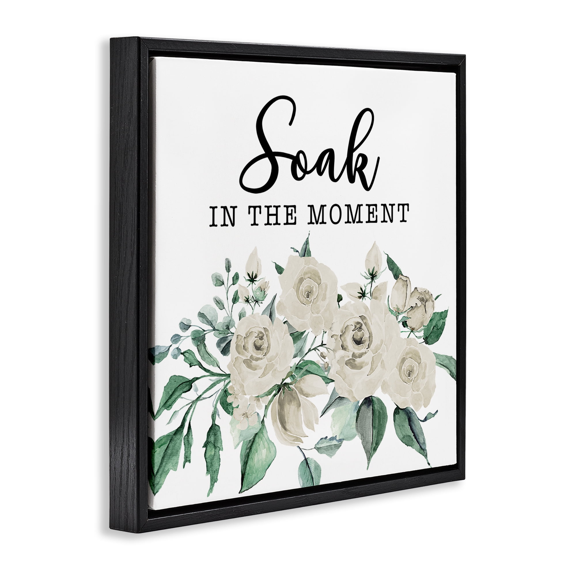 Stupell Industries Soak The Moment Florals Bath & Laundry Painting Black Floater Framed Canvas Art Print Wall Art, 18 x 18