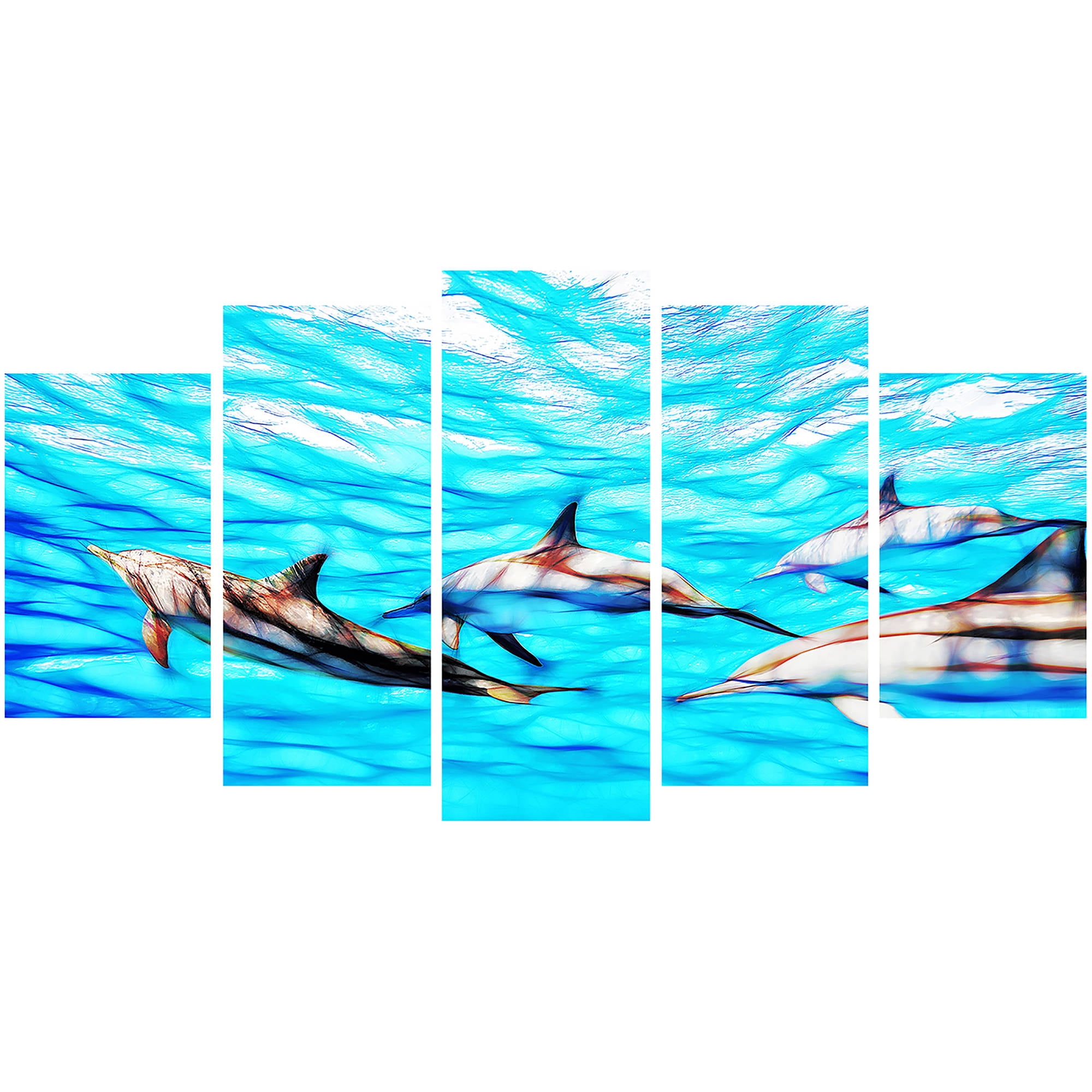 DESIGN ART 'Family of Dolphins' Ocean Art on Canvas 60 in. wide x 32 in. high - 5 Panels Diamond Shape