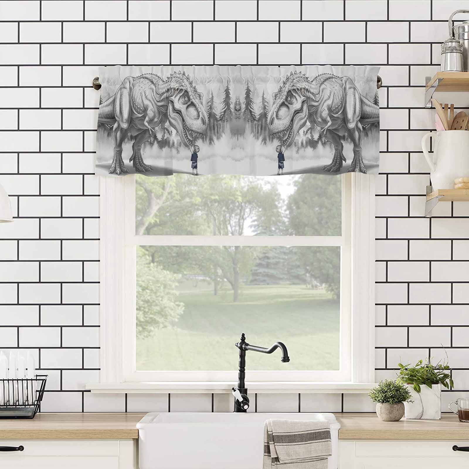 nqOlkjepod Dinosaurs Boy Farmhouse Short Window Curtain Valances, Gray Funny Cartoon Forest Animals Rod Pocket Kitchen Valances for Living Room Bedroom Bathroom Cafe, 1 Panel - 60" x 18"
