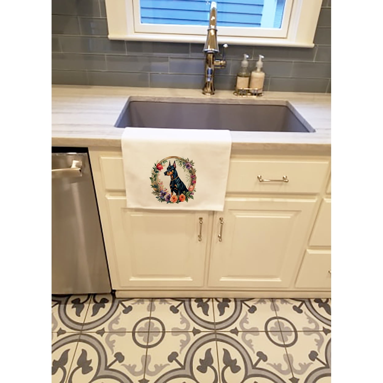 Doberman Pinscher and Flowers Kitchen Towel Set of 2 White Dish Towels 19 in x 28 in