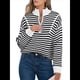 thumbnail image 3 of Suéter de Punto Acanalado de Larga con Media Cremallera A Rayas para Mujer, Tops Casuales, Cómodos y Ligeros, Moda de Otoño Negro M, 3 of 8