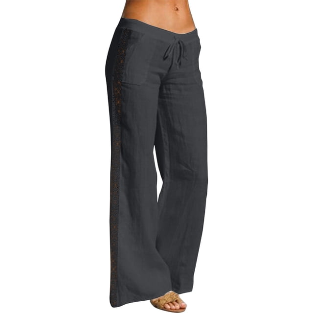 Women High Waisted Wide Leg Pants Fashion Drawstring Elastic Trousers Comfy Straight Leg Long Pants With Pockets Linen Elastic Waist Drawstring Long Wide Leg Pants Active Pants for Women Womens plus
