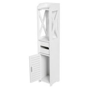 WALFRONT Bathroom White Floor Standing Cabinet Single Shutter Door Wood Toilet Storage Cabinet with 2-Tier Shelf and Tissue Container