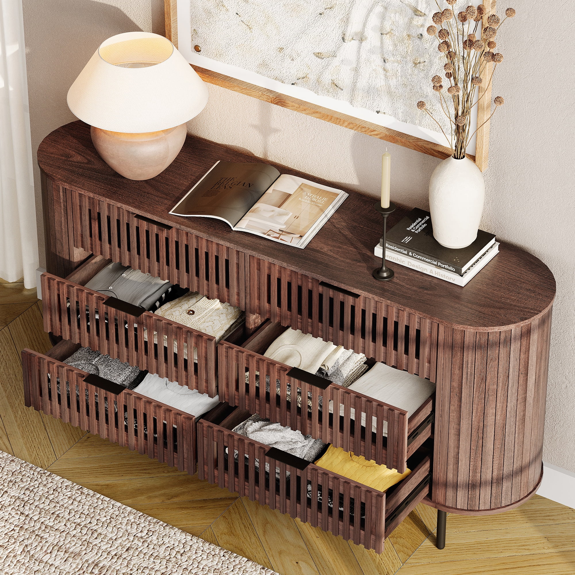 WAMPAT Fluted Dresser TV Stand for 70 Inch TV, Mid Century Modern Entertainment Center with 6 Drawers, Walnut