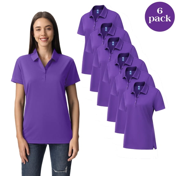 Zfeel Dry Fit Performance Women Polo T-Shirt, Poly Moisture Wicking Casual Shirt, Purple Tee 6 Pack, Size S