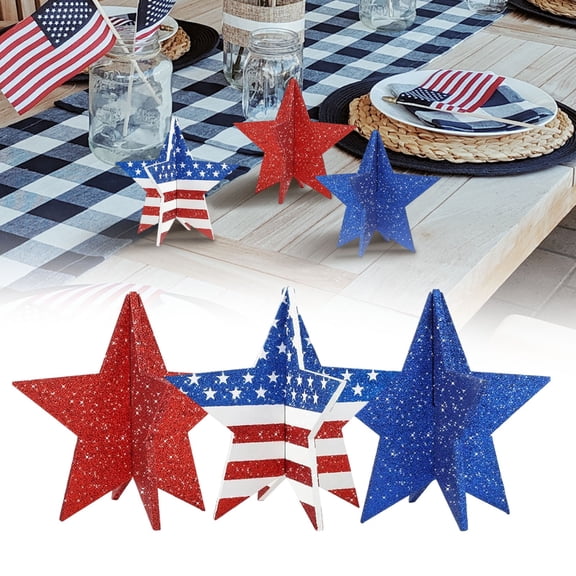 4th of July Decorations Wooden Stars Set, Vintage 3D Star Memorial Day Tiered Tray Decor, 4th of July Red White Blue Patriotic Decoration for Home Table Desk Door Shelf, Set A