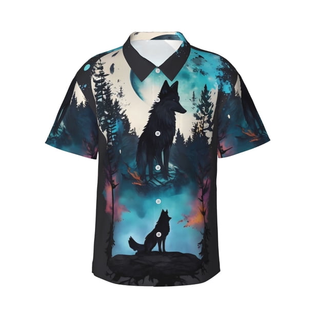 Fotbe Artistic Moon Valley Wolf Camisa Hawaiana para Hombre Unisex – Camisa Casual de Verano con Botones de Manga Corta de Algodón y Lino,Medium