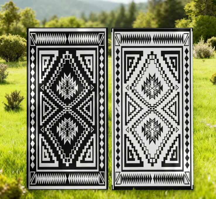 Reversible Outdoor Rug Waterproof Plastic Straw Patio Rug with Carry Bag, Foldable Outdoor Area Rug for Camping Picnic RV Road Tours Garden Balcony Deck, Black and White Square Patchwork