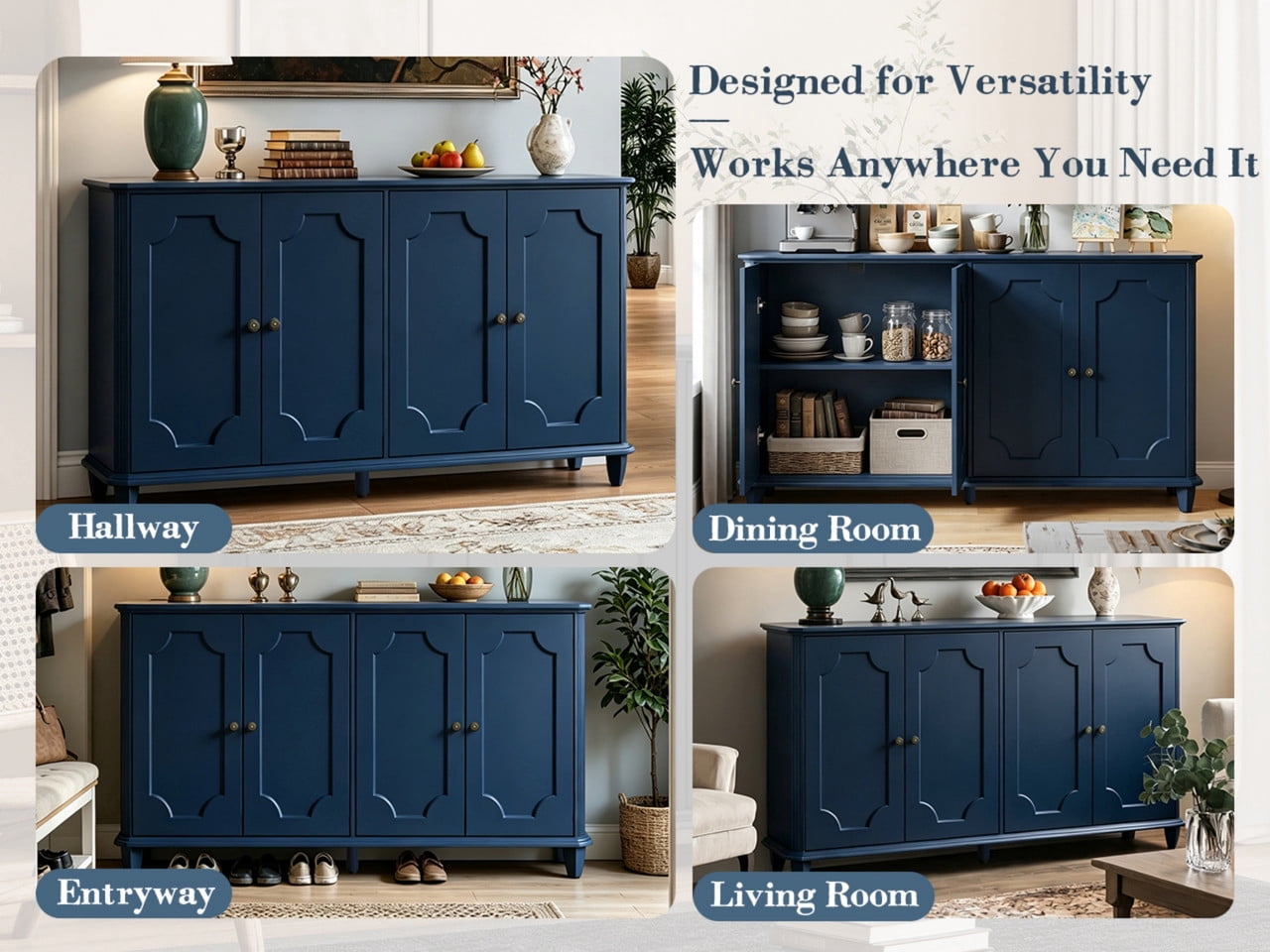 Vintage Farmhouse Buffet Sideboard Cabinet, 4 Embossed-Door Storage Cupboard, Versatile Cabinet with Adjustable Shelf