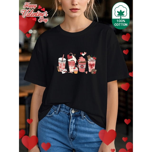 Camiseta "Feliz Día de San Valentín" con temática de amor para mujer - Estampado de helado y chocolate, informal, cuello redondo, manga corta, 100 % pura, ideal para primavera/verano. Para adultos, ho