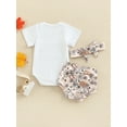 thumbnail image 4 of Bagilaanoe 3pcs Newborn Baby Boy Girl Short Pants Set Short Sleeve Pumpkin/Letter Print Romper Tops + Shorts + Headband 3M 6M 12M 18M Infant Casual Outfits, 4 of 8